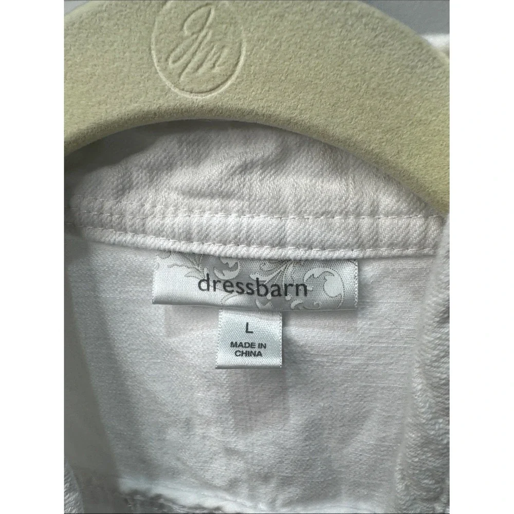 Dressbarn White‎ Ruffle Denim Jacket Hook Eye Closure 3/4 Sleeve Large